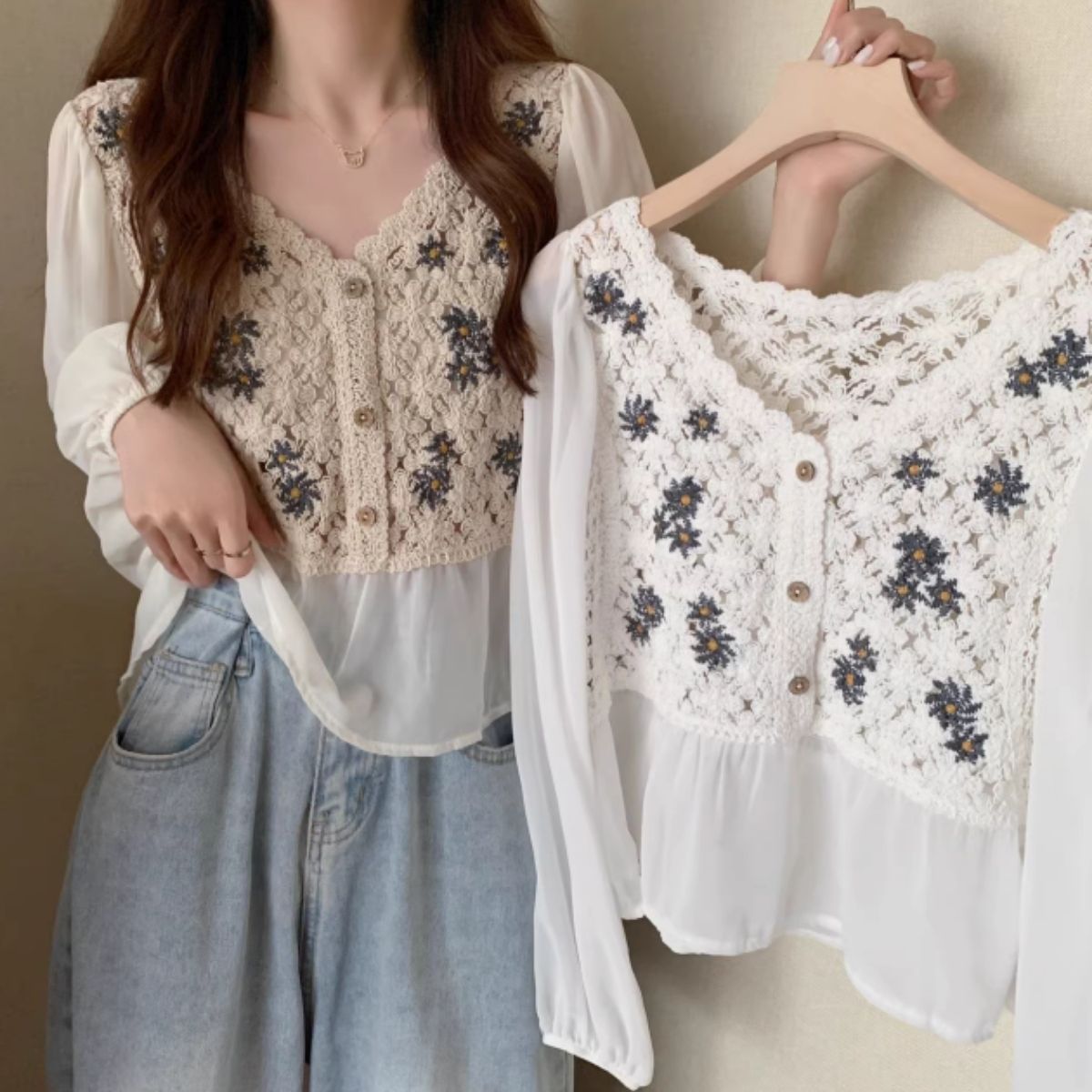 Blouse/シフォン切替クロシェトップス ST/No.27959