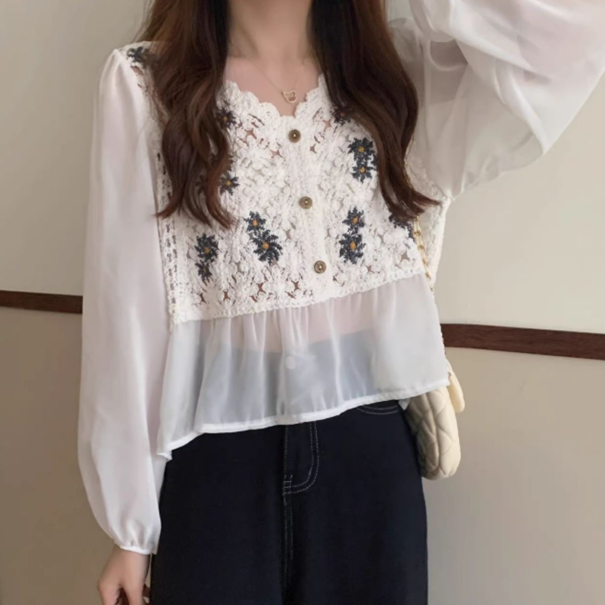 Blouse/シフォン切替クロシェトップス ST/No.27959