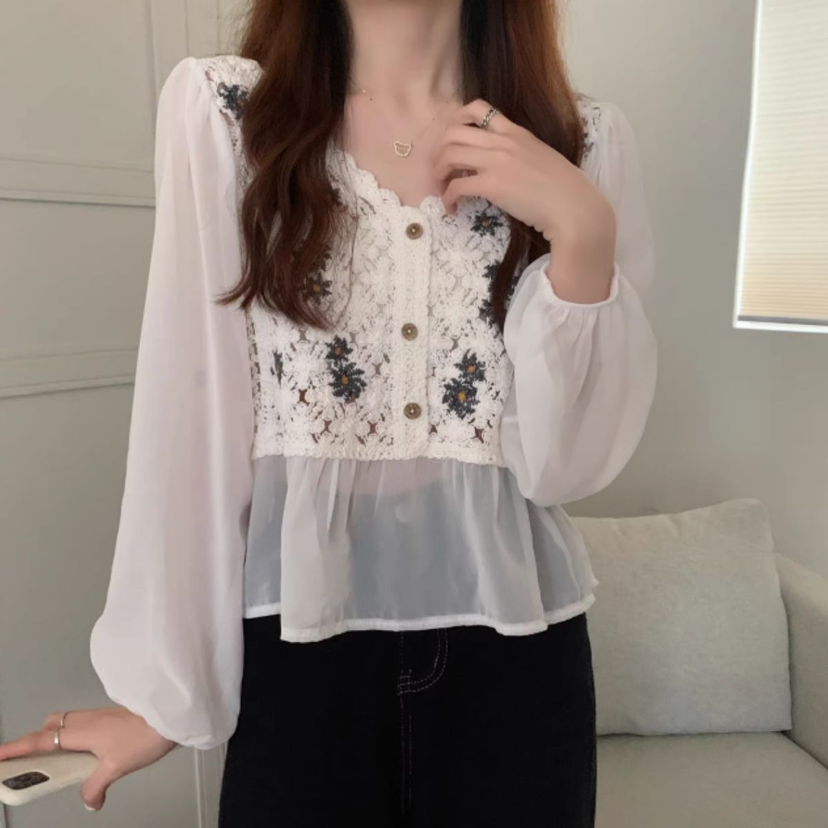 Blouse/シフォン切替クロシェトップス ST/No.27959