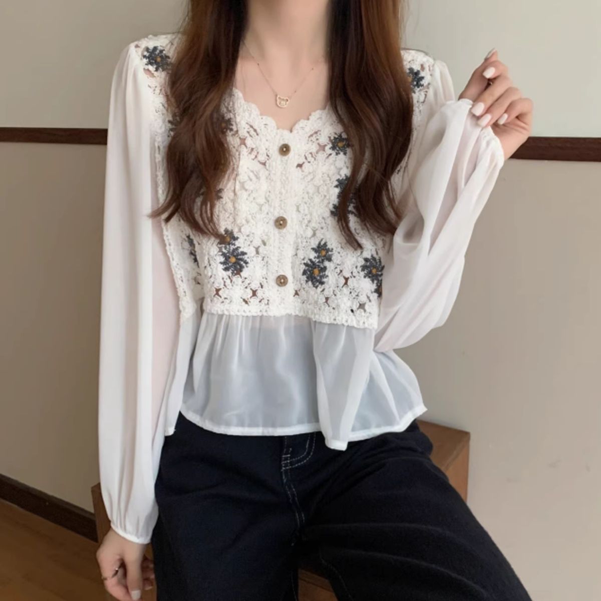 Blouse/シフォン切替クロシェトップス ST/No.27959