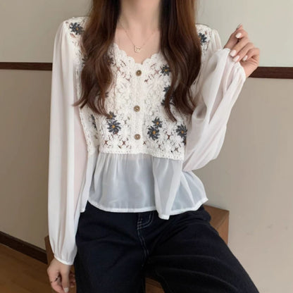 Blouse/シフォン切替クロシェトップス ST/No.27959