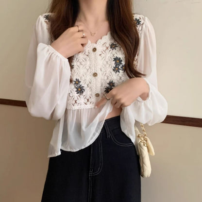 Blouse/シフォン切替クロシェトップス ST/No.27959