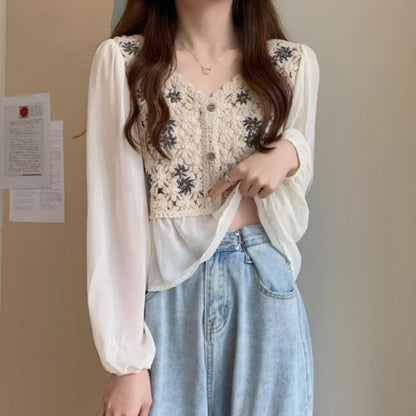 Blouse/シフォン切替クロシェトップス ST/No.27959