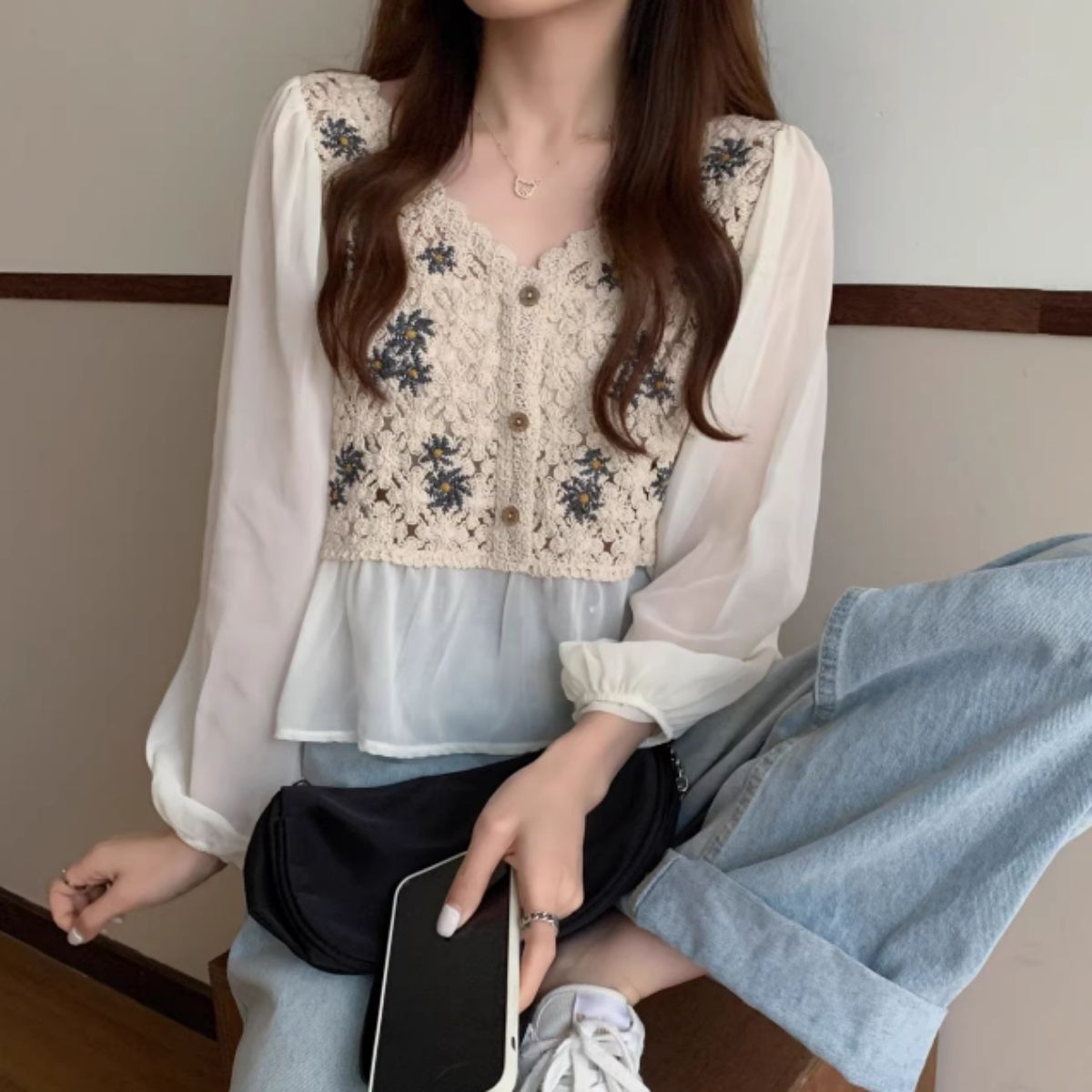 Blouse/シフォン切替クロシェトップス ST/No.27959