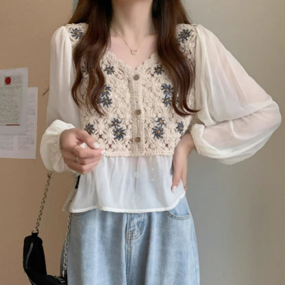 Blouse/シフォン切替クロシェトップス ST/No.27959