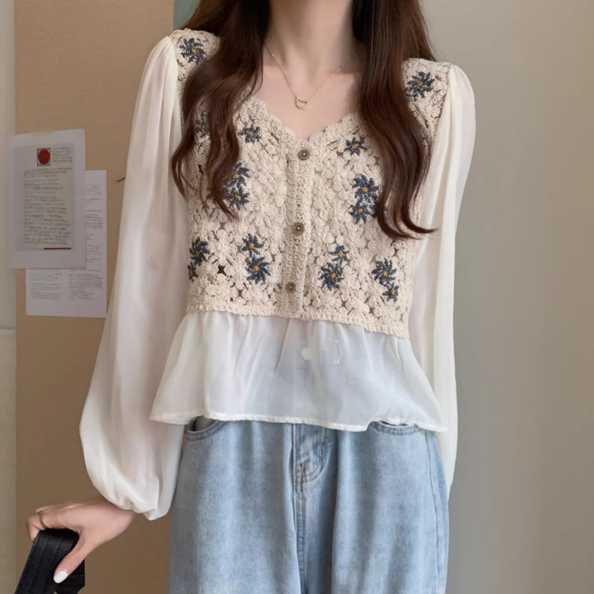 Blouse/シフォン切替クロシェトップス ST/No.27959