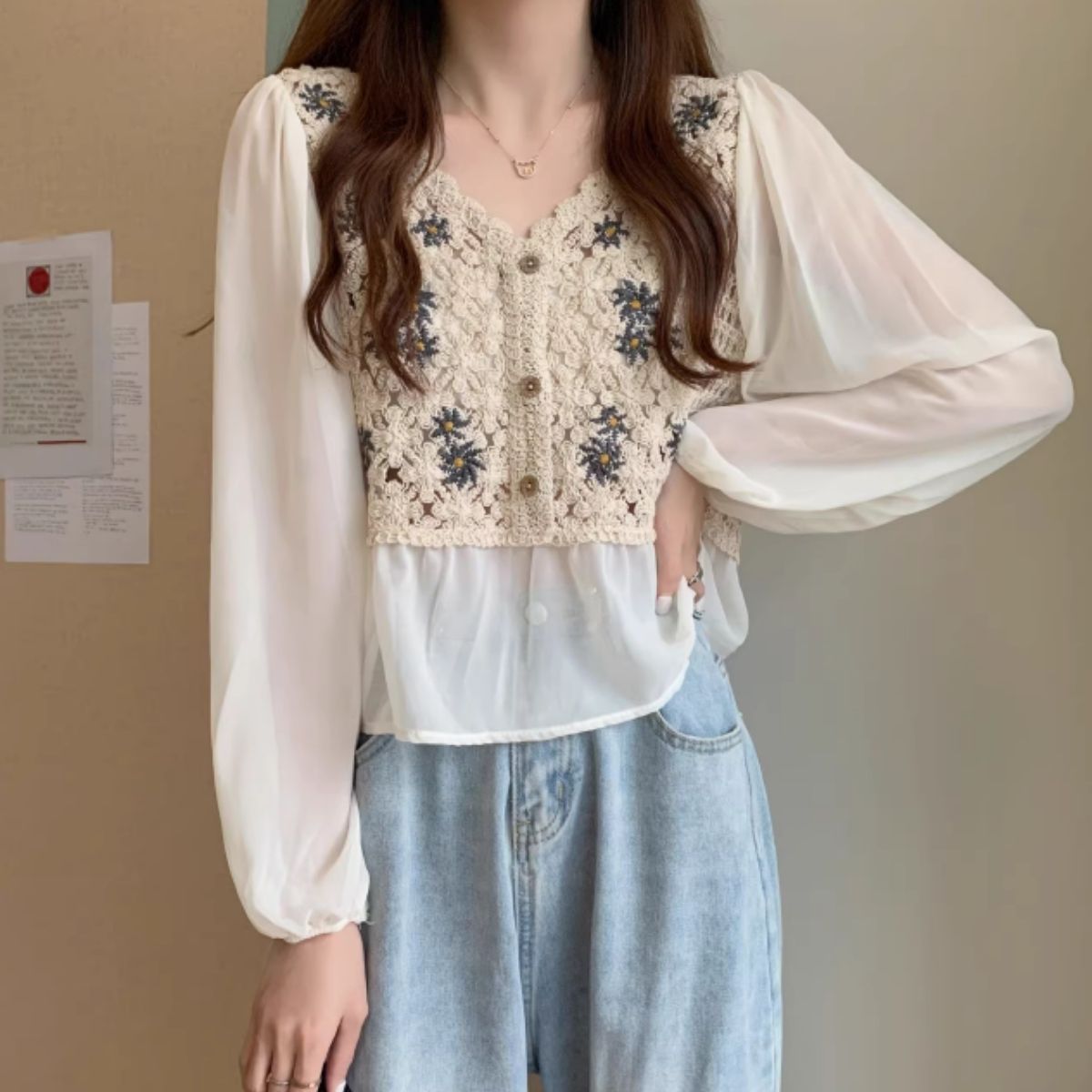 Blouse/シフォン切替クロシェトップス ST/No.27959