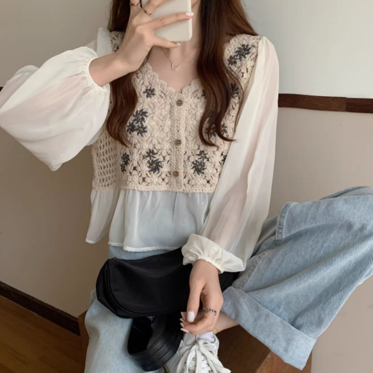 Blouse/シフォン切替クロシェトップス ST/No.27959