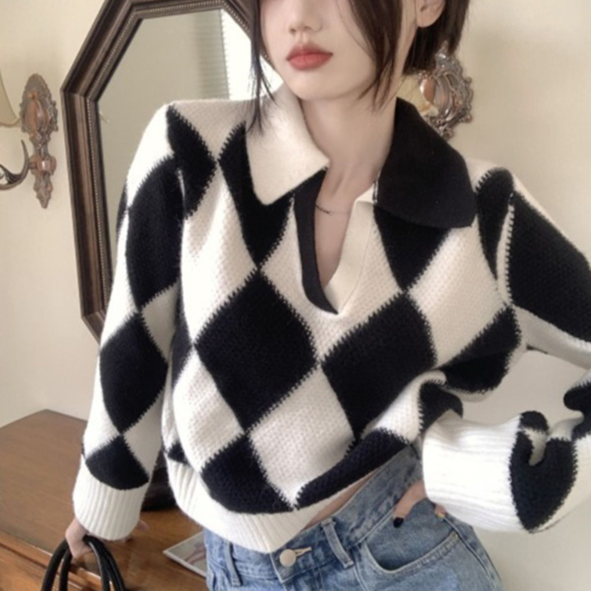 Knit/ダイヤ総柄ニットトップス ST/No.27830